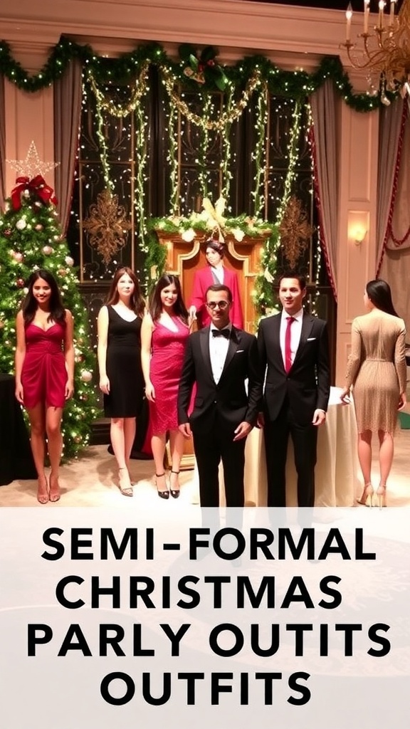A collection of semi-formal Christmas party outfits including dresses and suits, set against a festive holiday backdrop.